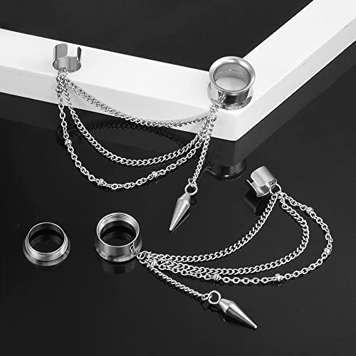 2PCS 6mm-25mm (2G-1") Trendy Cuff Clip Triple Chain Dangle Ear Plugs Gauges Screw Ear Tunnels for Women Men Hypoallergenic 316 Stainless Steel Ear Body Piercing Jewelry - size: 25mm/1"