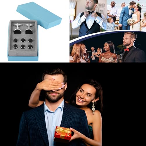 Mens Cufflinks and Tuxedo Shirt Studs Set with Gift Box - color: Silver/black