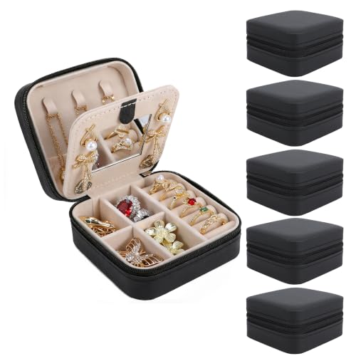 8 Pack Travel Jewelry Case with Mirror,Mini Jewellry Organizer Box for Women Girls,Small Portable Necklace Earrings Bracelet Rings Travel Box,Gifts for Best Friend Birthday(Black-5pcs) - color: Black-5pcs