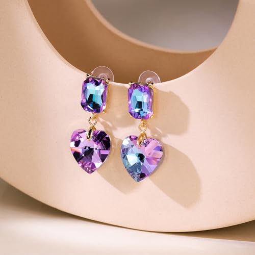 Crystal Heart Teardrop Dangle Earrings for Women Hypoallergenic Multicolor Cubic Zirconia Drop Earrings for Wedding Prom Party Daily Wear - color: Heartpurple