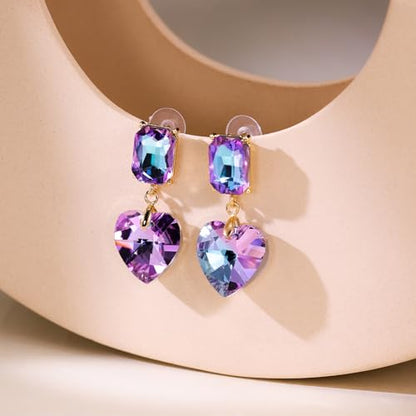 Crystal Heart Teardrop Dangle Earrings for Women Hypoallergenic Multicolor Cubic Zirconia Drop Earrings for Wedding Prom Party Daily Wear - color: Heartpurple