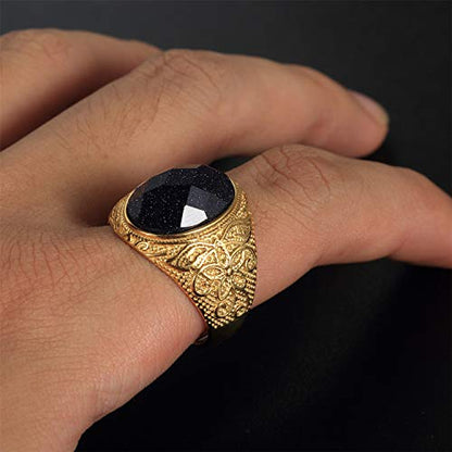 Retro Unisex Stainless Steel Oval Gemstone Hollow Flower Carved Signet Ring - color: Gold-Blue