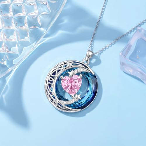 Birthstone Necklace for Women Crystal Moon and Star Pendant White Gold Celtic Moon Jewelry Birthday Graduation Gifts for Wife Her - style: Moon-10