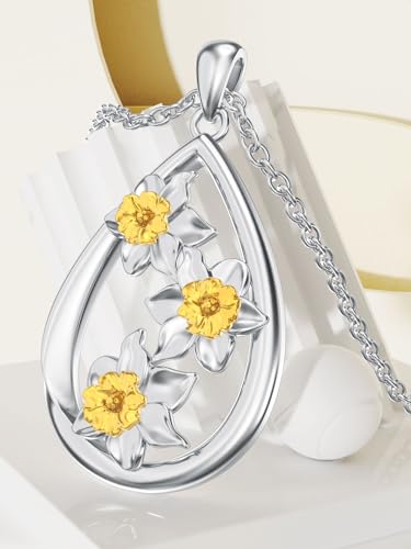 12 Month Birth Flower Necklace for Women 925 Sterling Silver Floral Teardrop Pendant Birthday Jewelry Gifts - color: 03. March Daffodils
