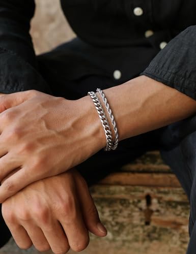 Silver Bracelet Set for Men, Figaro and Cable Link Chain | Stainless steel Figaro and cable link bracelets for stacking, daily wear, and gifts - color: Style2-7 inch