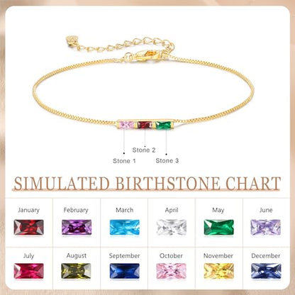 Sterling Silver Personalized 1-6 Birthstone Bracelet for Women Mothers Day Bracelet for Mom Daughter Custom Dainty Jewelry for Christmas Birthday Gift Ideas - style: Gold-3 stones