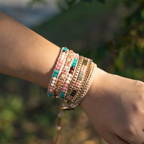 YGLINE Natural Stone Wrap Bracelet for Women Boho Bracelets Healing Crystal Beaded Bracelet Adjustable 3/5 Wraps Bracelet Handmade Birthday Gifts for Women - color: golden