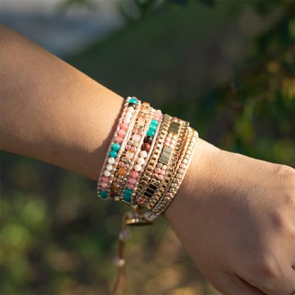 YGLINE Natural Stone Wrap Bracelet for Women Boho Bracelets Healing Crystal Beaded Bracelet Adjustable 3/5 Wraps Bracelet Handmade Birthday Gifts for Women - color: golden