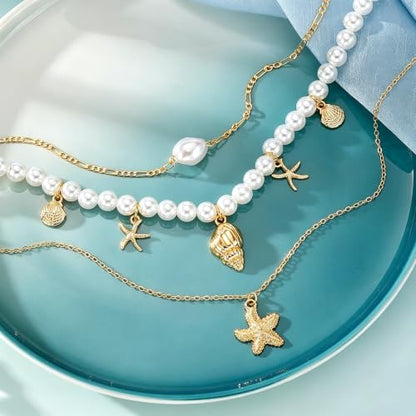 Gold Layered Necklaces for Women Chunky Stacked Necklaces for Women Trendy Retro Coin Pendant Necklace Womens Multilayer Chain Necklaces Fashion Jewelry Gifts - style: 3PCS Shell Necklace
