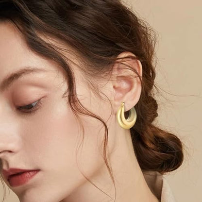 3Pairs 14K Gold Plated Chunky Hoop Earrings Set for Women, Trendy Hoop Earring 925 Sterling Silver Post - Hypoallergenic Thick Lightweight Twisted Hoops Dainty Gold Earrings for Women Jewelry Gifts - color: Gold