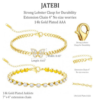 JATEBI 14K Gold Plated Layered Butterfly Zircon Anklet Set for Women | Trendy Delicate Gold Ankle Bracelets Ideal Summer Beach Foot Jewelry Nice Holiday Birthday Present For Modern‑Style