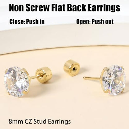 Threadless Flat Back Earrings, Hypoallergenic 14K Real Gold Plated CZ Stud Earrings | Cartilage Earring | Tragus Helix Piercing Jewelry | Push in Flatback Earrings for Women Men - color: 14K Gold, size: 8 Millimeters