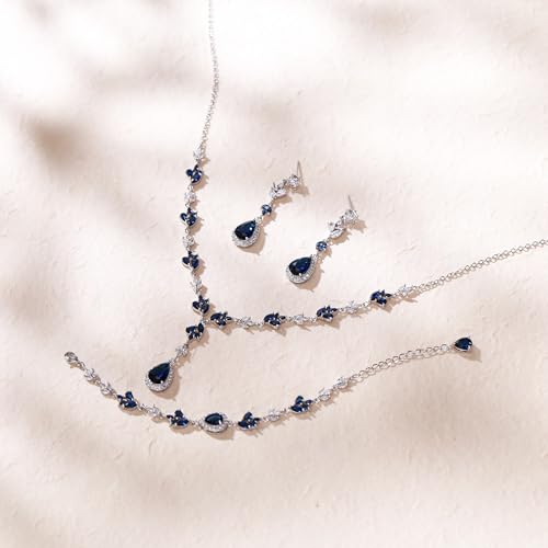 Teardrop Marquise Cubic Zirconia Wedding Prom Jewelry Set for Women Bridal | Silver/Gold/Rose Gold Plated, Pear Cut Pendant Necklace Drop Earrings Link Bracelet, for Bride Bridesmaid, for Banquet Party - style: A_Three Set, Blue