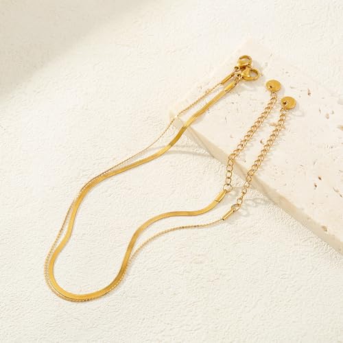 Gold Plated Ankle Bracelets For Women Waterproof,18k Gold Plated Anklets Layered Thin Snake Chain Herringbone Anklets Non Tarnish Stainless Steel Dainty Summer Jewelry Set Gift For Women - color: GOLD-2501