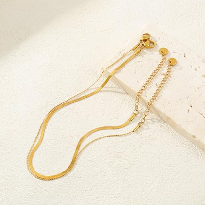 Gold Plated Ankle Bracelets For Women Waterproof,18k Gold Plated Anklets Layered Thin Snake Chain Herringbone Anklets Non Tarnish Stainless Steel Dainty Summer Jewelry Set Gift For Women - color: GOLD-2501