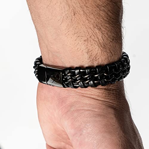 SERASAR | Premium Genuine Leather Bracelet [Steel] for Men in Black | Magnetic Stainless Steel Clasp in Black, Silver and Gold | Exclusive Jewellery Box | Great Gift Idea - color: Black, size: 17cm
