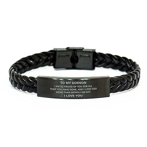 To My Godson Braided Leather Bracelet Gifts From Mom Dad - I Am So Proud of You for All That You Have Done - Birthday Graduation Christmas Gifts For Son Men, Inspirational Engraved