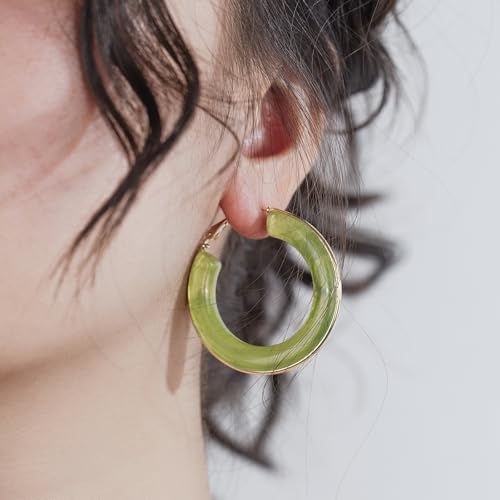 Chunky Gold Resin Hoop Earrings Leverback Statement Huggie Hoops Dangle Drop Dressy Earring Prom Festival Vacation Jewelry for Women - color: Green, size: Hoop