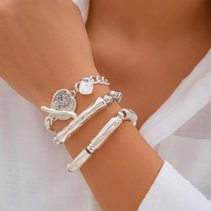 Jumwrit 3pcs Boho Layered Beaded Bracelets Set for Women Dainty Stretch Elastic Round Ball Beads Tube Chunky Chain Bracelets Stackable Silver Toggle Cuban Link Bracelets Trendy Jewelry