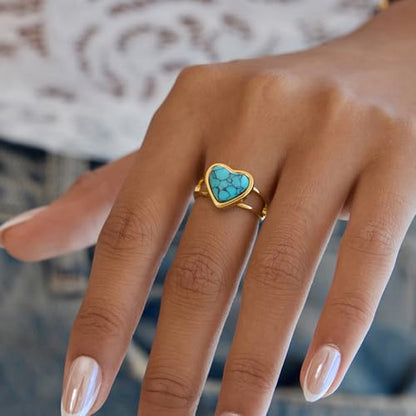 Blue Turquoise Heart Ring Natural Gemstone Love Hearts Open Adjustable Statement Promise Wedding Engagement Finger Band Boho Western Holiday Jewelry 18K Golden Plated Stainless Steel Rings for Women