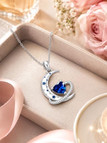 Birthstone Necklace for Women White Gold Moon and Star Pendant Moon Jewelry Anniversary Birthday Gifts for Mom Wife Her - color: 09. September - Sapphire