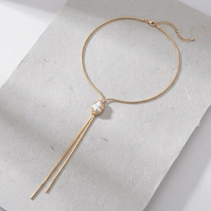 Long Baroque Pearl Gold Necklace for Women, Trendy Layered Geometric Lariat Statement Y Necklaces, Dainty Flat Snake Herringbone Link Body Chain Jewelry Accessories