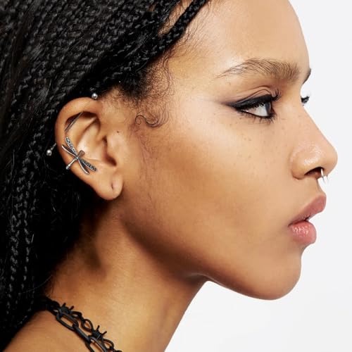 HZMAN Dragonfly Ear Cuff for Men Women, Stainless Steel Non-Piercing Ear Wrap, Vintage Gothic Insect Statement Earring, No Piercing Required, Fixed Non-Adjustable Design