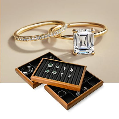 Oirlv Black Wood Jewelry Ring Display Tray | Black Solid Wood Frame, Soft Leather Interior, 9.84X17X1.18in Ring Tray, Beautiful Finish, Protects Jewelry - color: Black, size: 11 slot