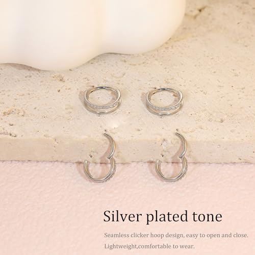 Cartilage Helix Conch Piercing Jewelry Gold Hoop Women Earrings | 2pcs, Huggie, Made of Stainless Steel, 14k Gold Plated, Hypoallergenic, Sparkly Cubic Zircon, Double Hoop design - color: Zircon Silver, size: 2pcs-16g-8/10mm