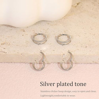 Cartilage Helix Conch Piercing Jewelry Gold Hoop Women Earrings | 2pcs, Huggie, Made of Stainless Steel, 14k Gold Plated, Hypoallergenic, Sparkly Cubic Zircon, Double Hoop design - color: Zircon Silver, size: 2pcs-16g-8/10mm