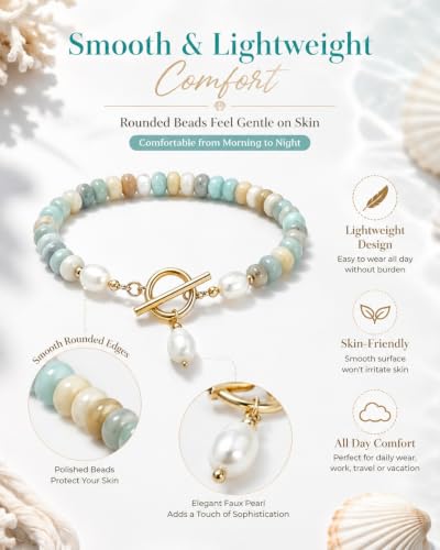Elova Turquoise Bead Pearl Bracelet, Dainty Handmade Beaded Jewelry | Dainty, Colorful Stackable, Boho Summer Beach, Toggle Clasp, Gift for Women - color: 1pc#Gold