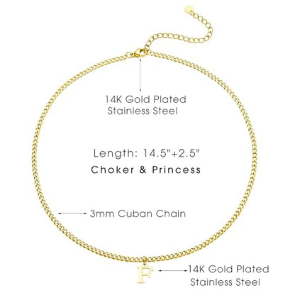 Gold Initial Necklace for Women, 3mm Cuban Link Letter Necklace, 14.5"+2.5" Adjustable Choker, Gold Plated A-Z Alphabet Pendant Necklace, Personalized Jewelry Gift for Her - style: F