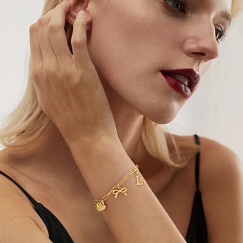 14K Gold Plated Bracelet for Women Simple Jewelry Initial A-Z Bracelet Dainty Chain Gifts for Women Birthday Unique Dainty Letter Charm Bracelet with Bow Anniversaries Gifts for Mother Her Jewelry Gift - style: A-Initial