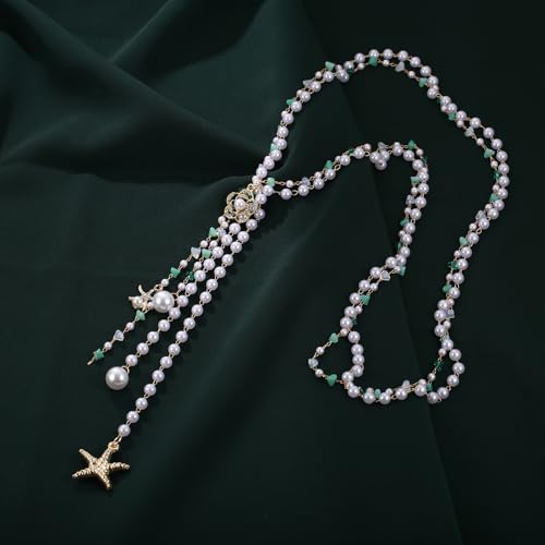 Simulated Pearl Strand Layered Necklace for Women, Multi Strand Long Necklace, Dainty Sweater Necklace for Party Costume Jewelry - style: Shell Starfish