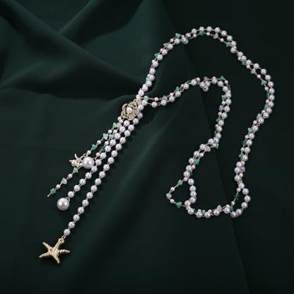 Simulated Pearl Strand Layered Necklace for Women, Multi Strand Long Necklace, Dainty Sweater Necklace for Party Costume Jewelry - style: Shell Starfish