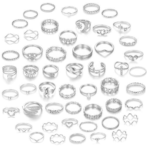 CHICUTIE Gold Knuckle Rings Set For Women Stackable Joint Finger Midi Rings Dainty Cubic Crystal Zirconia Simple Hollow Twist Cute Rings Pack Jewelry Gift - style: 52pcs Silver