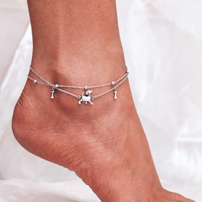 CHIC & ARTSY 925 Sterling Silver Ankle Bracelets for Women, Adjustable Layered Foot Chains with Nature & Symbol Charms, Lightweight Comfort Fit Boho Beach Everyday Jewelry - color: 1# Dogs Anklet