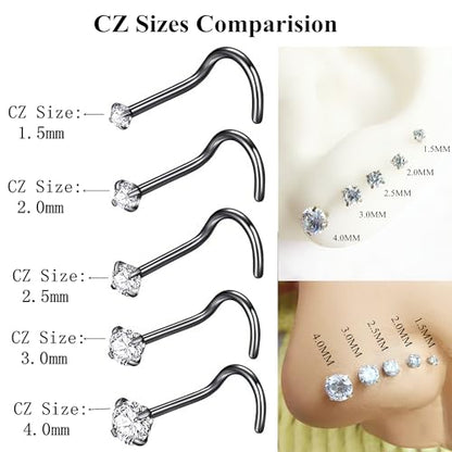 316L Surgical Steel 22g/20g/18g Nose Rings Studs L-Shape Nose Nostrial Piercing Body Jewerly L Shaped Nose Studs 1.5mm 2mm 2.5mm 3mm CZ Nose Screw Studs Rings for Women - style: 6pcs/Screw20g/4.0mm Clear CZ/Black