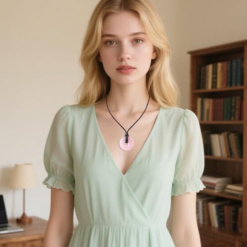 Anjiucc Natural Gemstone Pendant Necklce Lucky Coin Crystal Necklace Donut Pendnat with Adjustable Rope Healing Crystal for Men - color: Rose quartz