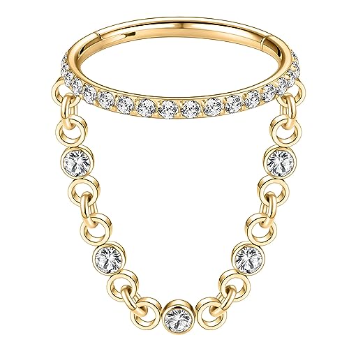 AROWRO Chain Septum Rings 316L Surgical Steel Septum Clicker Daith Piercing Jewelry Dangle Nose Rings for Women 16G 8/10mm Conch Cartilage Hoop Seamless Hinged Septum Jewelry with Clear CZ/Opal - color: Style-3-Gold chain&Clear CZ, size: 16G-10mm