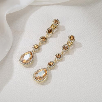 EleQueen Women's Wedding Crystal Teardrop Pear Shape 3 Inch Clip on Long Dangle Earrings for Bride Bridesmaid, Jewelry for Party Prom/Anniversary - color: Brown Silver-Tone