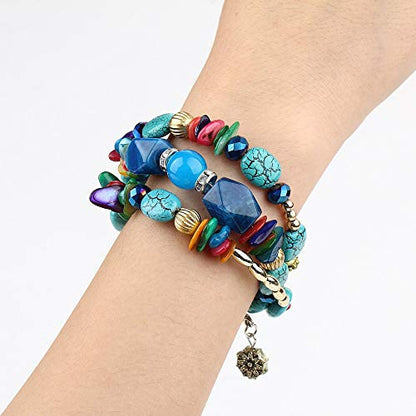 Women Beaded Bracelet Set | Colorful Boho Stackable Trendy Design with Crystal Accents Multilayer Bangle Bracelet | Fashion Stretch Braclets Jewelry for Women - color: Teal.