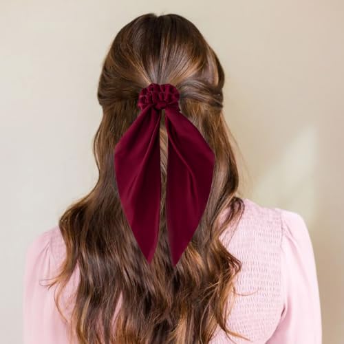 6 PCS Scrunchies with Bow, Silky Satin Bow Hair Ties | Hair Scarf Scrunchies for Women Girls, Knotted Bows Silk Hair Ties, Satin Hair Ribbon Elastic Hair Tie, Long - color: Red&Black