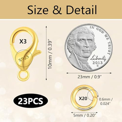 23Pcs Gold Lobster Claw Clasps 10mm with Open Jump Rings Jewelry Making Set | Small Spring Italian Clasps Lobster Claw Jump Rings Necklace Chains Connect Link Repair kit Supplies 925 Jewelry Findings - color: 23PcsA_Gold