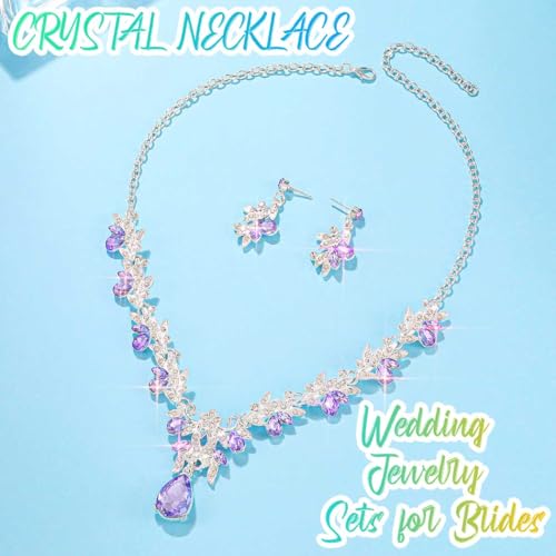 Rhinestone Bridal Wedding Jewelry Sets Gold Necklace Earrings Set Leaf Prom Formal Costume Jewelry Set for Women and Brides - color: Purple