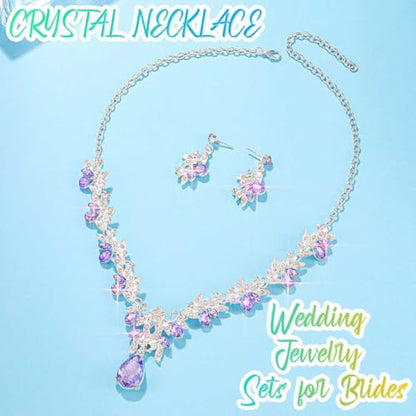 Rhinestone Bridal Wedding Jewelry Sets Gold Necklace Earrings Set Leaf Prom Formal Costume Jewelry Set for Women and Brides - color: Purple