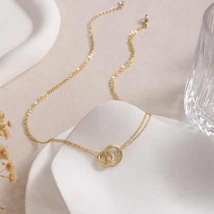 Gold Necklace for Women, Dainty 14K Gold Plated Pendant Necklaces for Women Trendy Simple Choker Chain Cubic Zirconia Circle/Interlocking/Sun/Pearl Necklace Fashion Jewelry Charm Gifts - color: Smooth Double Circle