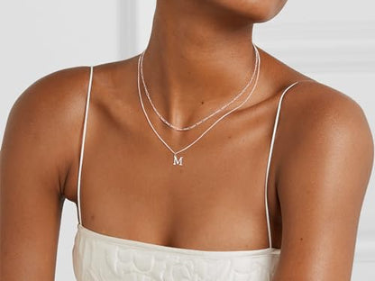 MBW Dainty Silver Layered Initial A-Z Pendant Necklaces for Women Thin | Simple Waterproof 925 Silver Plated Necklace Figaro Choker Monogram Name Jewelry Set Personalized - color: Silver InitIal NK-M