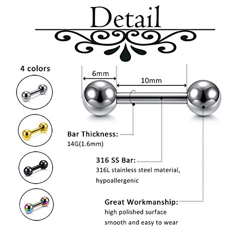 Zysta 4 Pairs Stainless Steel 14/16G Mixed Colors Body Piercing Barbells 6-16mm Post Studs Earring NippleTongue Helix Tragus Cartilage Labret Medusa Lip Eyebrow Straight Bar Ball Screw … - color: 6mm Ball,10mm Post