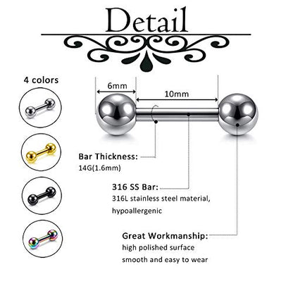 Zysta 4 Pairs Stainless Steel 14/16G Mixed Colors Body Piercing Barbells 6-16mm Post Studs Earring NippleTongue Helix Tragus Cartilage Labret Medusa Lip Eyebrow Straight Bar Ball Screw … - color: 6mm Ball,10mm Post